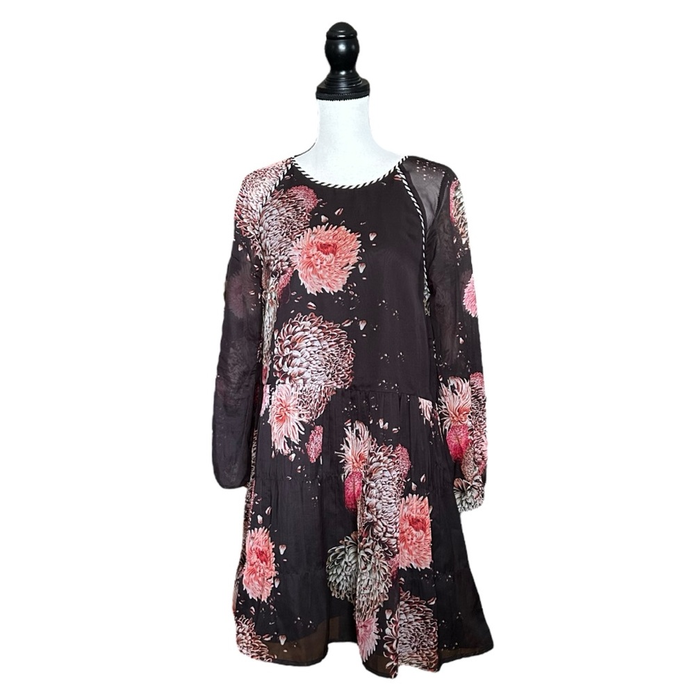 Vineet Bahl Anthropologie Dark Floral Long Sleeve Drop Waist Mini Dress Boho S